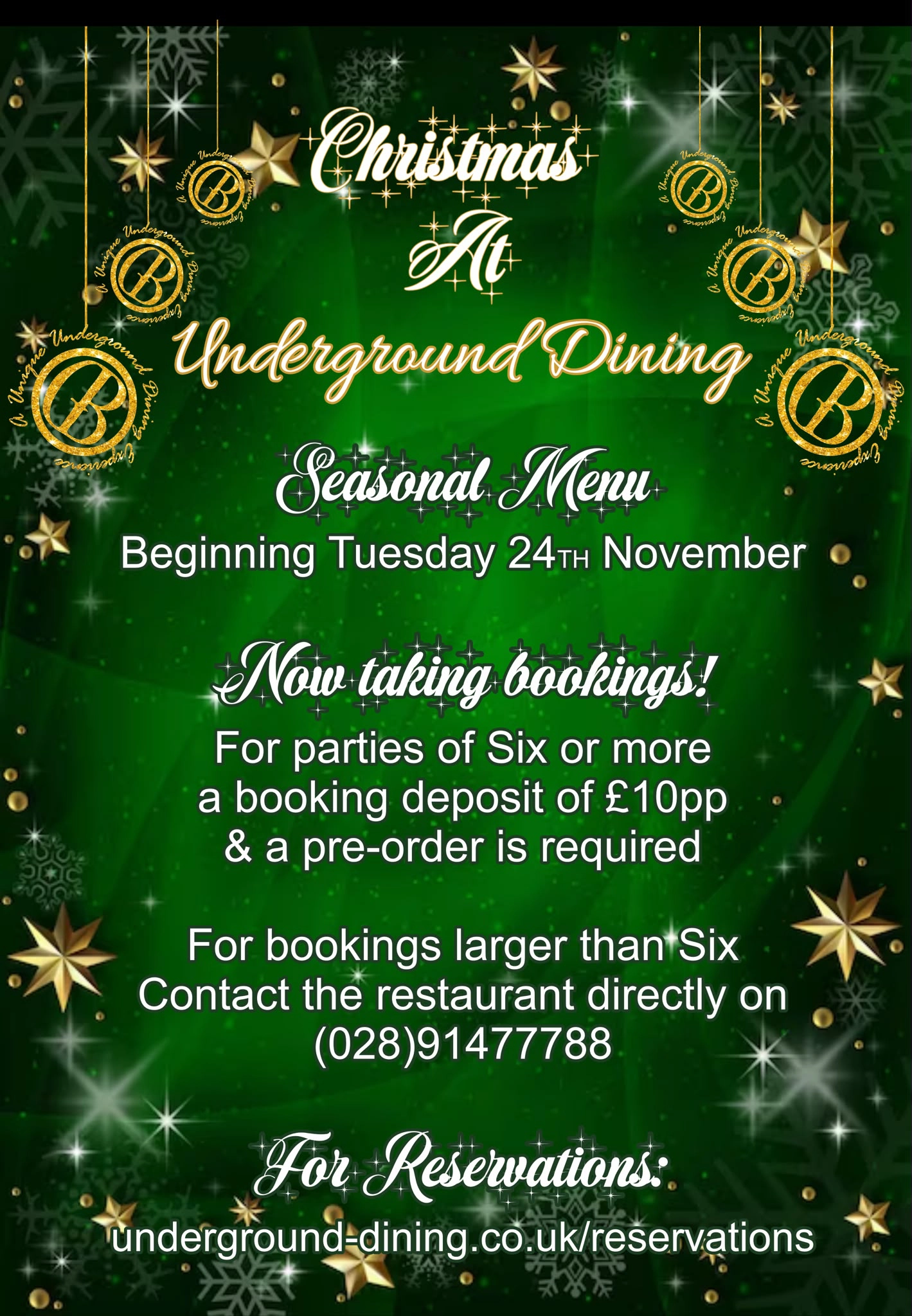 Underground Dining Baangor Christmas Bookings 2026